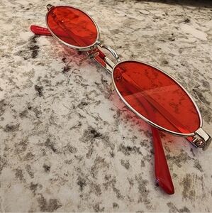 Retro Mini Oval Red Lense Sunglasses